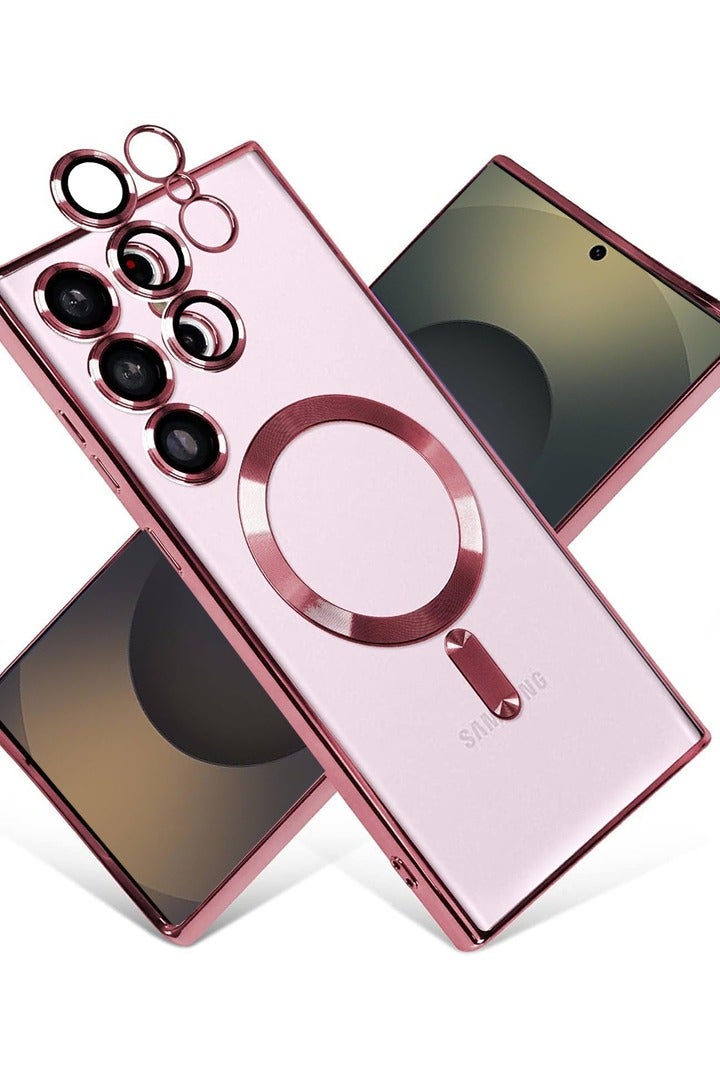 ملبوس حافظة ناعمة وشفافة متميزة لتوفير حماية كاملة لعدسة كاميرا S25 Ultra، متوافقة مع شحن مغناطيسي لاسلكي، تغطية هاتف مقاومة للصدمات مصنوعة من TPU مطلي بالكهرباء، S25 Ultra بحجم 6.9 بوصة 2025 - وردي - Image 1