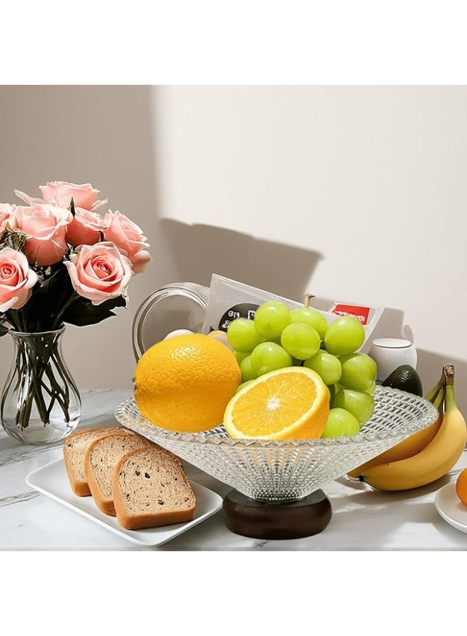 طبق فاكهة فاخر من الزجاج الشفاف بقاعدة خشب طبيعية – لمسة أناقة عصرية لمائدتك - Image 3