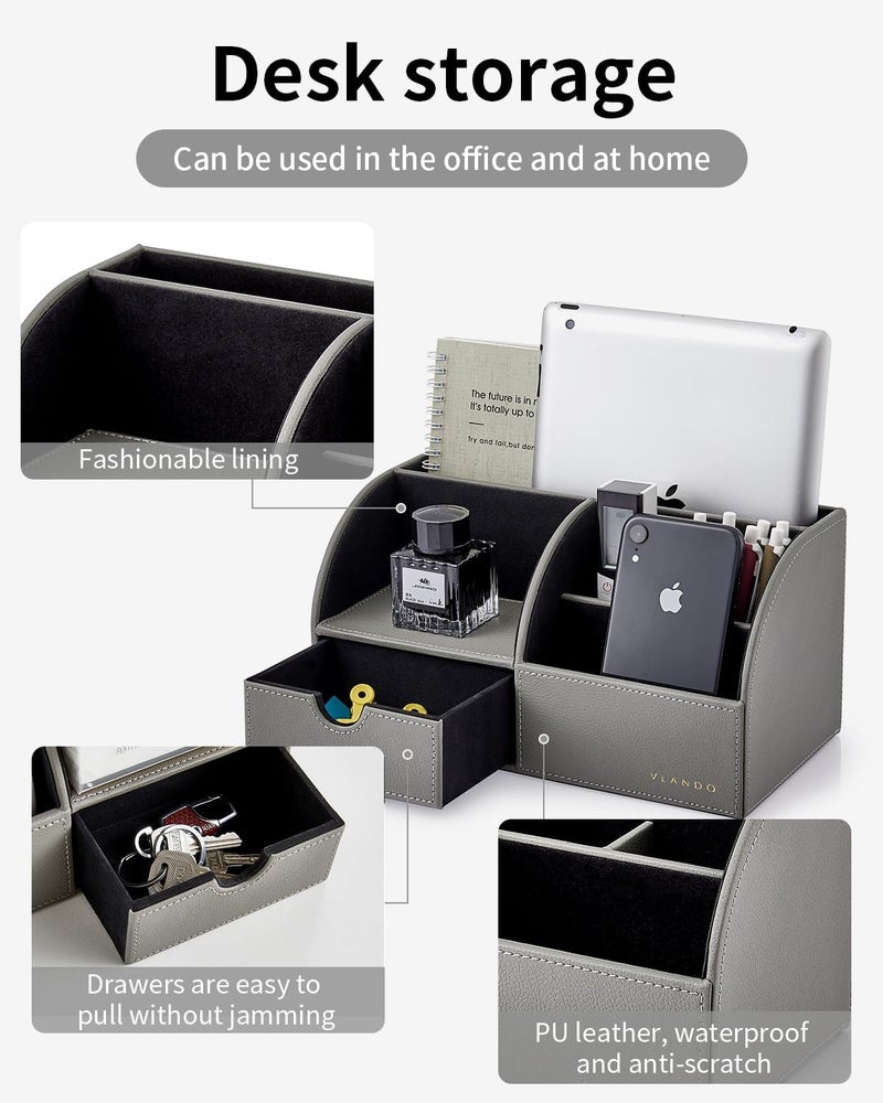 Vlando Desk Organizer with Drawer, Back to School Supplies - 5 Compartment Desktop Storage Holder with Organizer Section for Desk Accessories (Gray) - Image 4