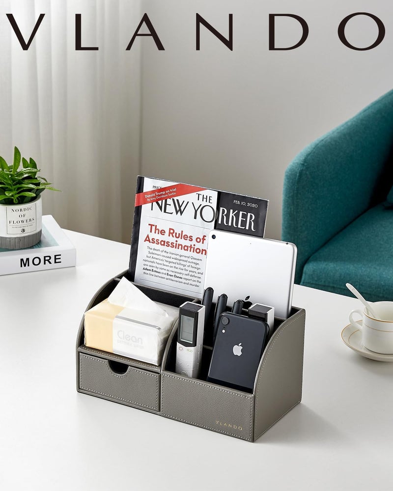 Vlando Desk Organizer with Drawer, Back to School Supplies - 5 Compartment Desktop Storage Holder with Organizer Section for Desk Accessories (Gray) - Image 2