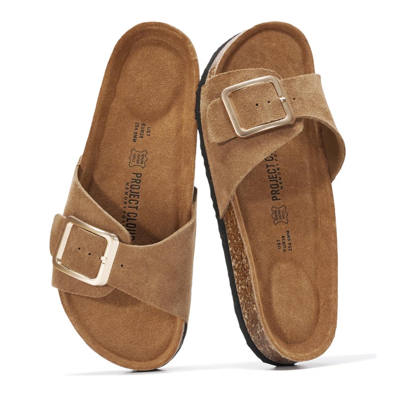 Project Cloud 100% Genuine Leather Sandals Women Dressy Beach Essentials Slides for Women Footwear-Lightweight with Memory Foam Insole Sandals for Women 2026-Womens Slides (Ibiza, CHSTNUTSDE,7M)