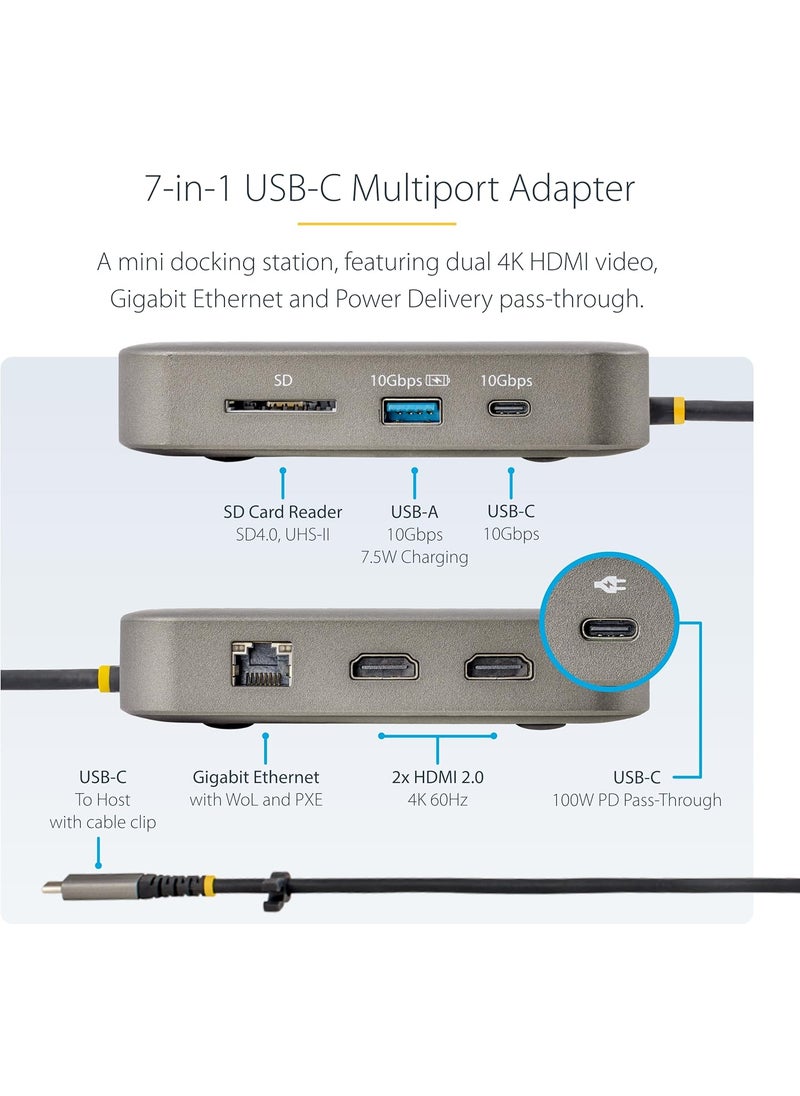 StarTech StarTechcom USB C Multiport Adapter Dual 4K 60Hz HDMI 2Port USBAUSBC 10Gbps Hub 100W PD Gigabit NIC SD Travel Dock  - Image 3