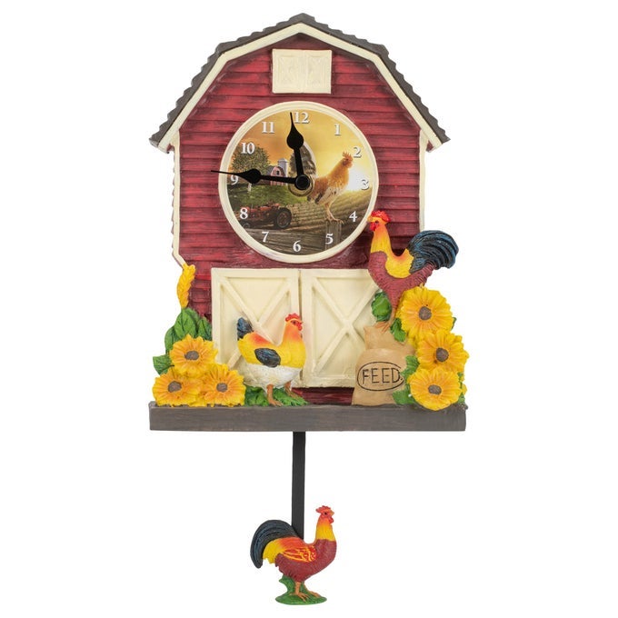 MARK FELDSTEIN ASSOCIATES FARM ROOSTER PENDULUM RUSTIC FLORAL 15 INCH RESIN STONE WALL AND TABLETOP CLOCK