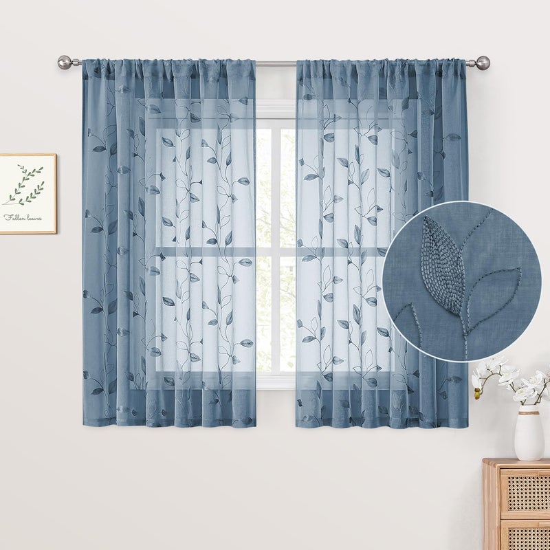 HOMEIDEAS HOMEIDEAS Stone Blue Sheer Kitchen Curtains 52 x 54 Inch Length 2 Panels Embroidered Leaf Pattern Short Curtains for Bedroom Half/Small Bathroom Window Rod Pocket Tiers - Image 1