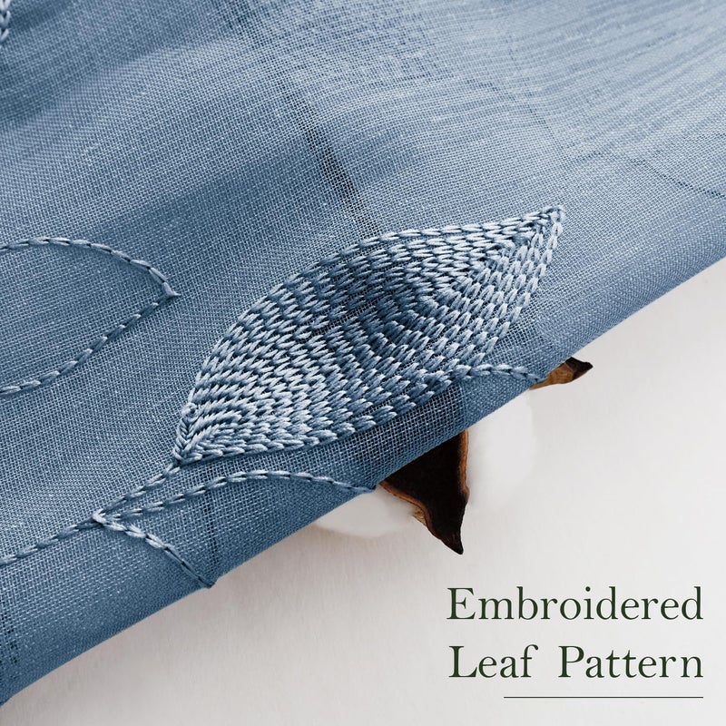 HOMEIDEAS HOMEIDEAS Stone Blue Sheer Kitchen Curtains 52 x 54 Inch Length 2 Panels Embroidered Leaf Pattern Short Curtains for Bedroom Half/Small Bathroom Window Rod Pocket Tiers - Image 2