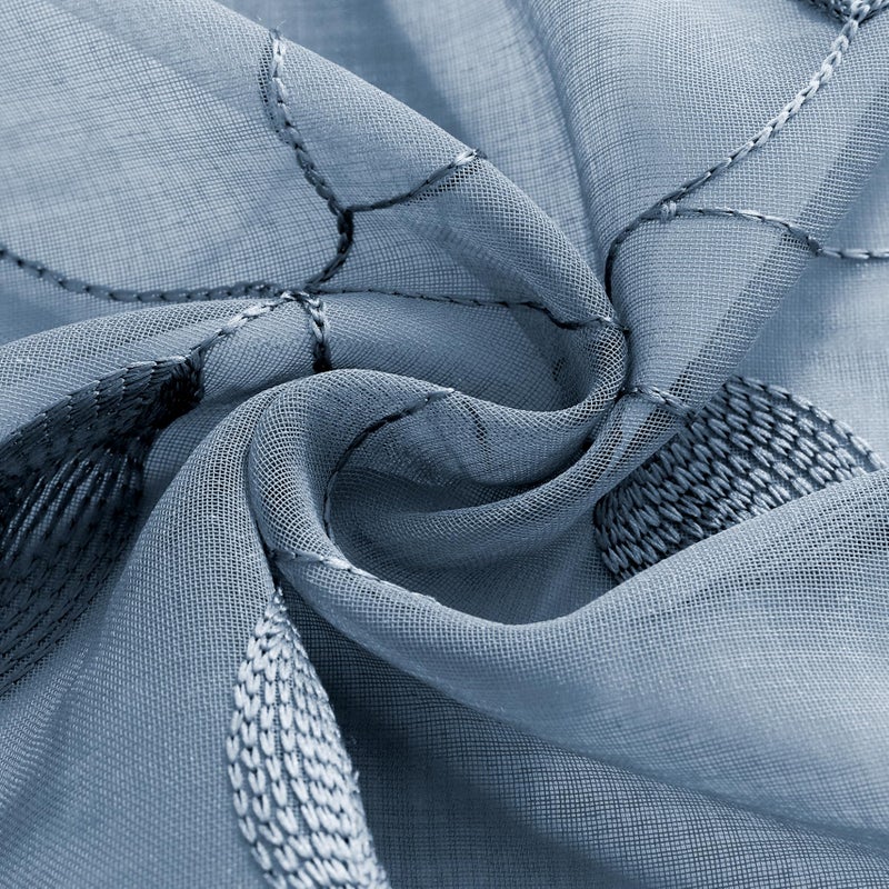 HOMEIDEAS HOMEIDEAS Stone Blue Sheer Kitchen Curtains 52 x 54 Inch Length 2 Panels Embroidered Leaf Pattern Short Curtains for Bedroom Half/Small Bathroom Window Rod Pocket Tiers - Image 4