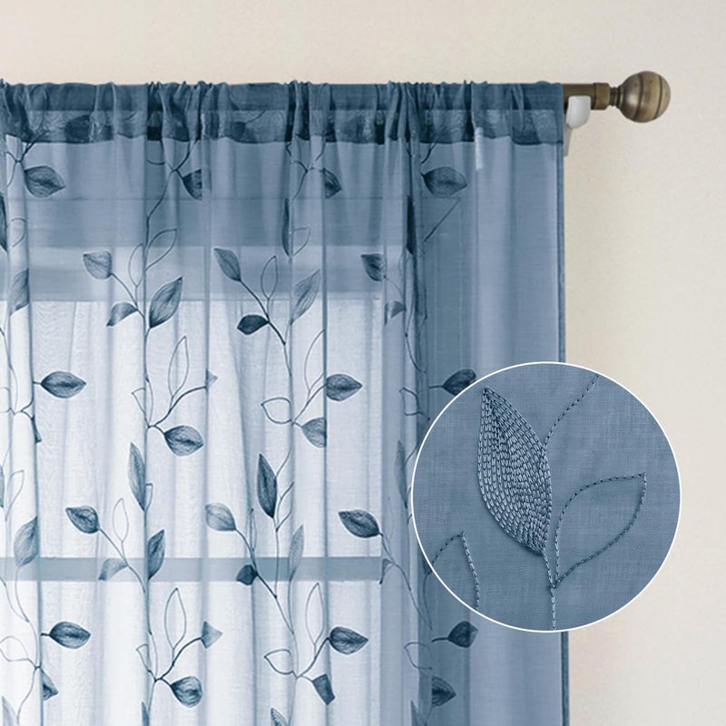 HOMEIDEAS HOMEIDEAS Stone Blue Sheer Kitchen Curtains 52 x 54 Inch Length 2 Panels Embroidered Leaf Pattern Short Curtains for Bedroom Half/Small Bathroom Window Rod Pocket Tiers - Image 5