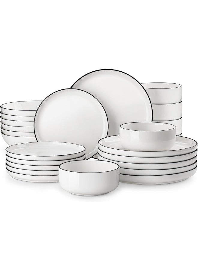 MALACASA Plates and Bowls Sets 24 Pieces Modern Porcelain Dinnerware Set for 6 Ceramic Dishware Dishes White Kitchen Dinner Dining Ware Set with Black Rim Microwave and Dishwasher Safe Series LUNA - Image 1