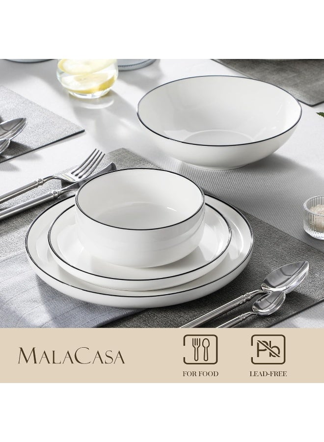 MALACASA Plates and Bowls Sets 24 Pieces Modern Porcelain Dinnerware Set for 6 Ceramic Dishware Dishes White Kitchen Dinner Dining Ware Set with Black Rim Microwave and Dishwasher Safe Series LUNA - Image 3
