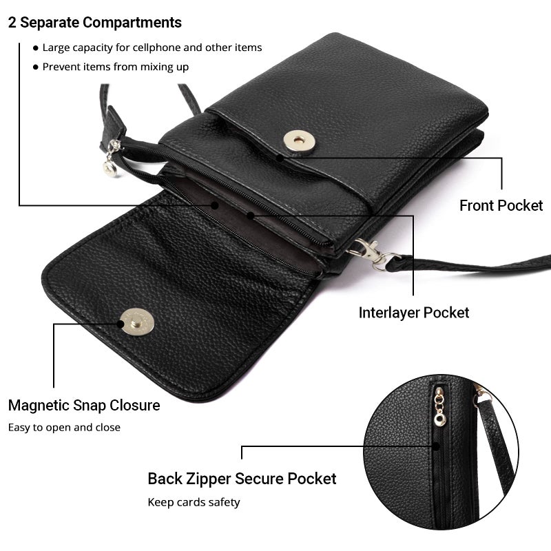 WITERY Vegan Leather Purse for Women Small Crossbody Bags Cell Phone Purse Wallet Pouch with Adjustable Strap Lightweight Mini Black Travel Purse - Image 4