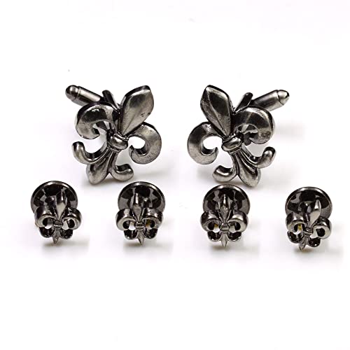 Cuff-Daddy Fleur De Lis Tuxedo Cufflinks and Studs in Antique Silver Tuxedo Formal Set Fleur De Lys New Orleans Louisiana Wedding Groomsmen Groom with Travel Presentation Gift Box - Image 1