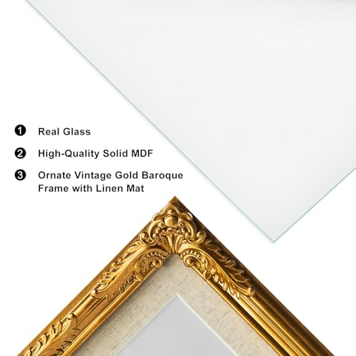 ibalux 6x8 Gold Picture Frame, Made of Solid MDF Wood with Real Glass, Display Photo 4x6 with Linen Mat or 6x8 without Mat, Vertical and Horizontal for Wall Hanging or Tabletop, Vintage Baroque Frame - Image 4