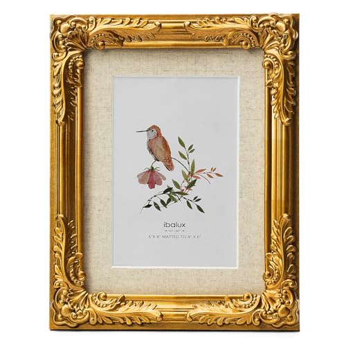ibalux 6x8 Gold Picture Frame, Made of Solid MDF Wood with Real Glass, Display Photo 4x6 with Linen Mat or 6x8 without Mat, Vertical and Horizontal for Wall Hanging or Tabletop, Vintage Baroque Frame - Image 1