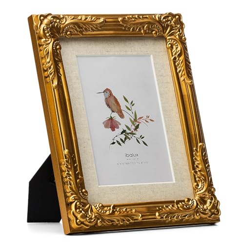 ibalux 6x8 Gold Picture Frame, Made of Solid MDF Wood with Real Glass, Display Photo 4x6 with Linen Mat or 6x8 without Mat, Vertical and Horizontal for Wall Hanging or Tabletop, Vintage Baroque Frame - Image 2