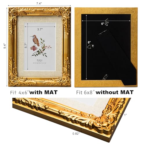 ibalux 6x8 Gold Picture Frame, Made of Solid MDF Wood with Real Glass, Display Photo 4x6 with Linen Mat or 6x8 without Mat, Vertical and Horizontal for Wall Hanging or Tabletop, Vintage Baroque Frame - Image 3