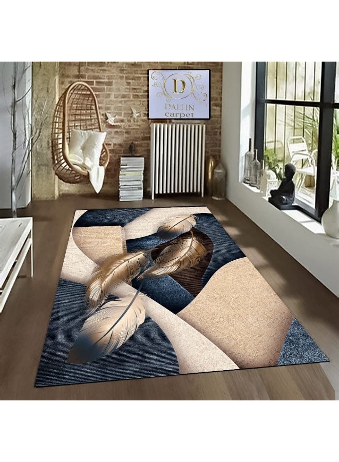 سجادة مودرن 3D (بديل سجاد) - تصميم "ريش ذهبي وعصري" - مقاس 160×230 سم - ظهر مانع للانزلاق وقابل للغسل - Image 2