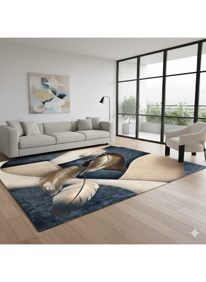 سجادة مودرن 3D (بديل سجاد) - تصميم "ريش ذهبي وعصري" - مقاس 160×230 سم - ظهر مانع للانزلاق وقابل للغسل - Image 1