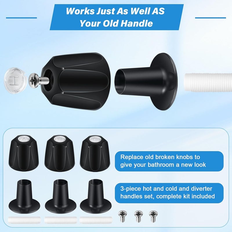 Coolfell Metal Matte Black Shower Knob 3 Piece Replacement, Compatible with Price/Pfister Verve Tub Shower Handle, 3 Faucet Handle Trim Kit, 12 Point Broach Shower Knobs, Height 2.35 in Width 2.35 in - Image 3