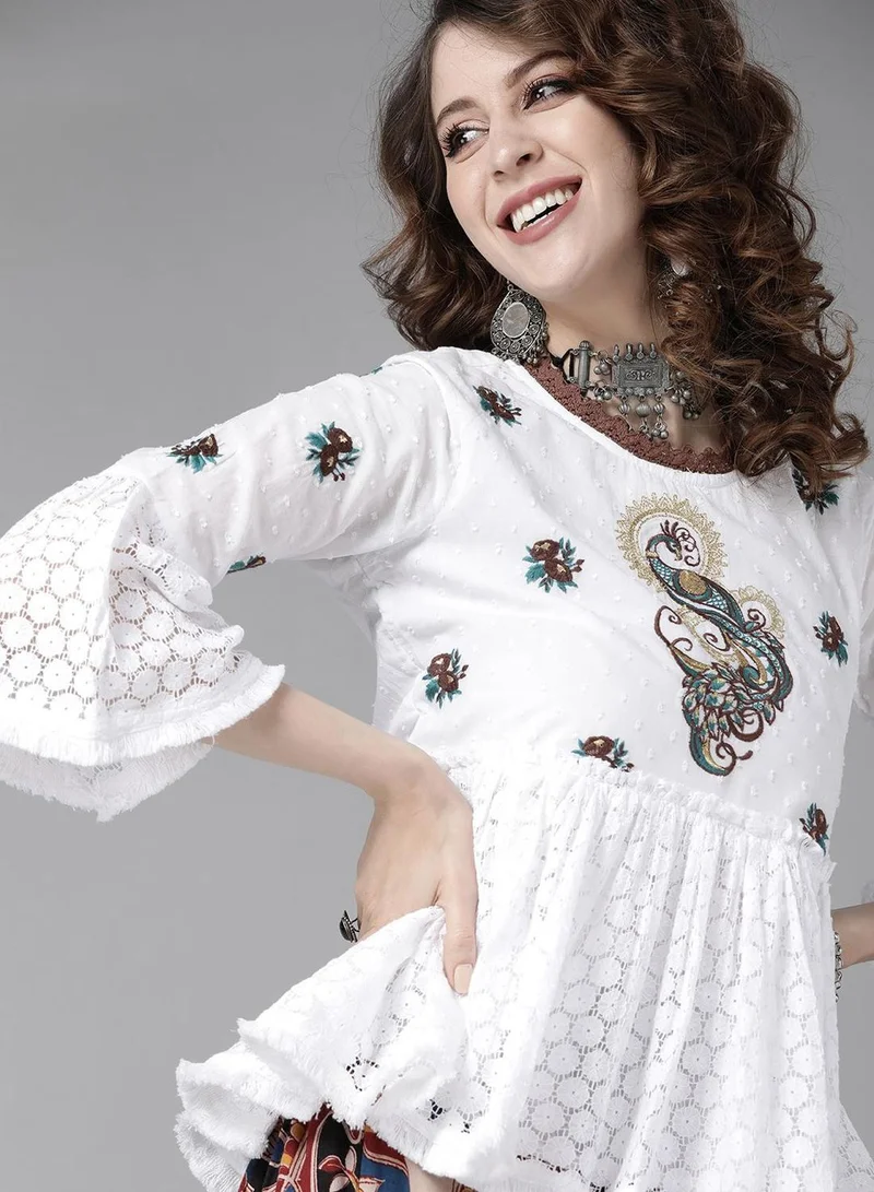 ISHIN Regular Fit Three-Quarter Sleeve Embroidered White Cotton Woven A-Line Crop Top For Women Flat Collar Perfect For Wedding And Engagement Pull On Closure