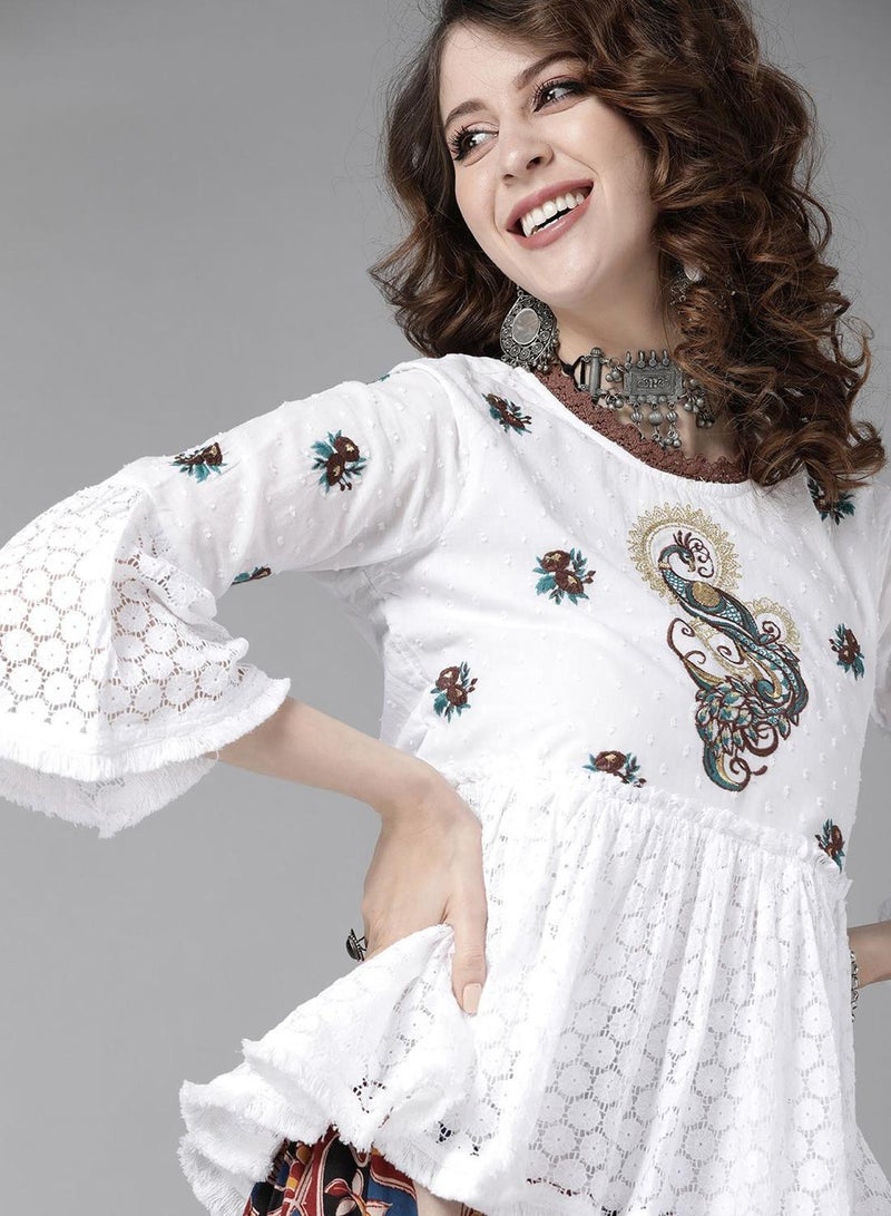 ISHIN Regular Fit Three-Quarter Sleeve Embroidered White Cotton Woven A-Line Crop Top For Women Flat Collar Perfect For Wedding And Engagement Pull On Closure - Image 1