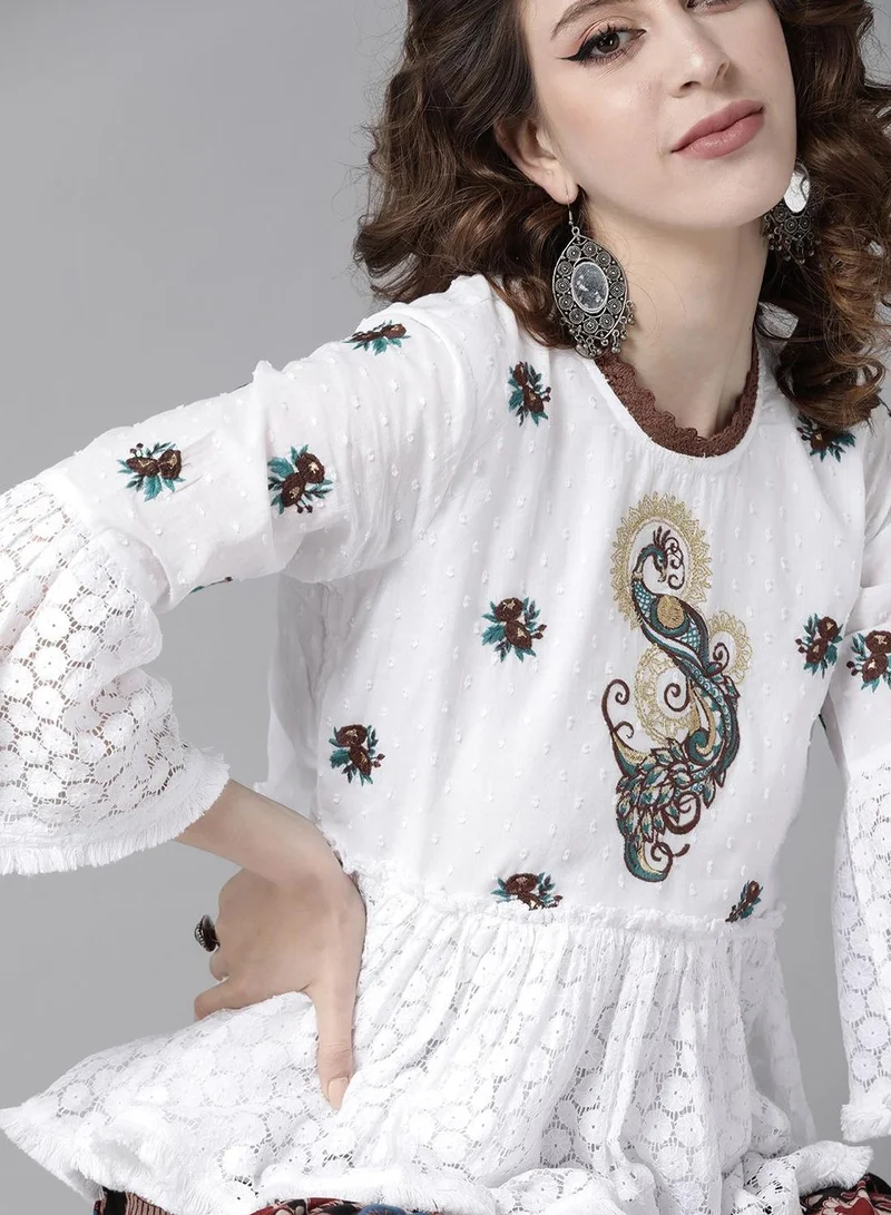 ISHIN  Regular Fit Three-Quarter Sleeve Embroidered White Cotton Woven A-Line Crop Top For Women Flat Collar Perfect For Wedding And Engagement Pull On Closure for Women | Best Price UAE