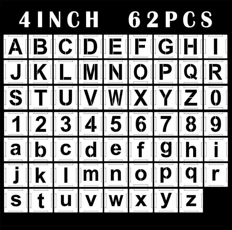 Dequera 4 inch Letter Stencils and Numbers 62 Pcs Alphabet Art Craft Stencils Reusable Plastic Number Templates Letter Stencils for Wood Wall Fabric Rock Chalkboard Signage Lettering Alphabet