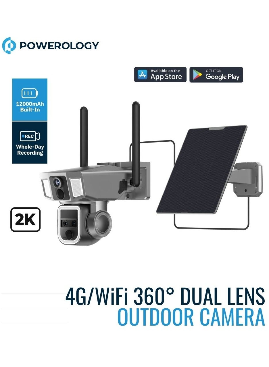 باورولوجي Powerology Ultimate Versatile Outdoor Camera Dual Lens Solar Power Recharging Dual Perspective Recording Powerful Bullet Lights Siren Alarm 10x Continuous Zoom