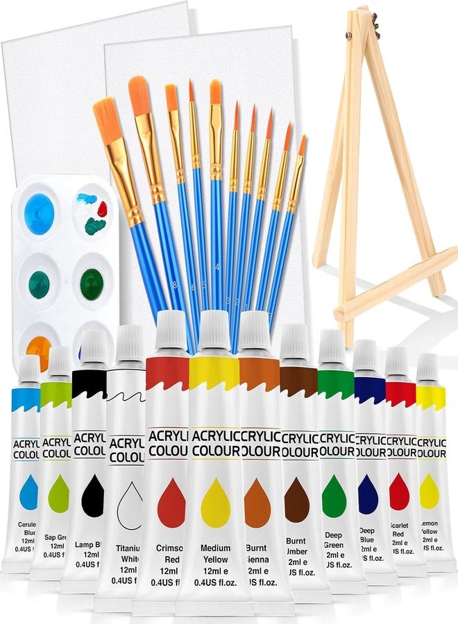 BOSSNUOK Acrylic Paint Set, 12 Colour Tubes, 10 Artist Brushes, 2 Canvas Panels with Wooden Easel Stand and Palette, DIY Art Kit for Kids, Students and Beginners