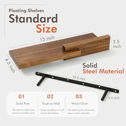GRID FORTE Wood Floating Shelf Set of 2, 4.5D x 15W Inch Modern Reversible Wall Shelves, Minimalism Wall Mount Hardwood Shelves, Wall Decor for Bedroom Living Room Kitchen (Walnut) - Image 4