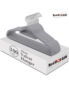 Red Dot Gift 100 Pieces 42cm Grey Non-Slip Velvet Clothes Hanger with 360 Degree Rotatable Hook Durable and Slim  - Image 1