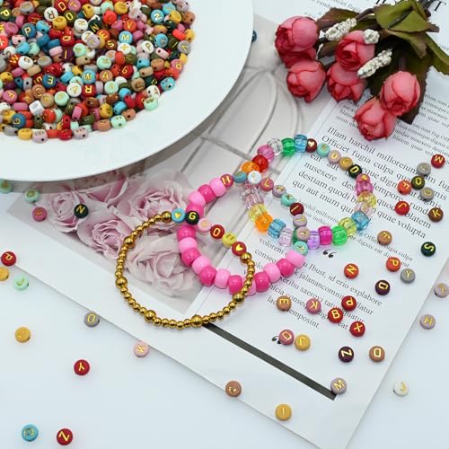 Looconi Amaney 1000pcs 4x7mm Round Letter Beads Colorful Acrylic with Gold Letter Alphabet for Jewelry Making - Image 4