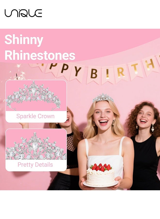 Unique Silver Rhinestone Crown - Glitter Rhinestone Princess Crown Tiara Headband Crystal Birthday Crown Wedding Headpieces for Bride Pageant Prom Costume Hair Accessories(Silver) - Image 3