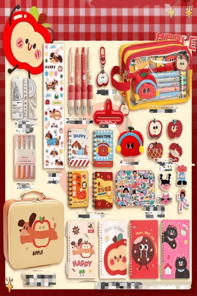 general Cute Apple Themed Student Stationery Set Complete School Supplies Kit with Pen Pouch Rulers Highlighters Stickers Notebooks More Back to School Essentials - Image 1