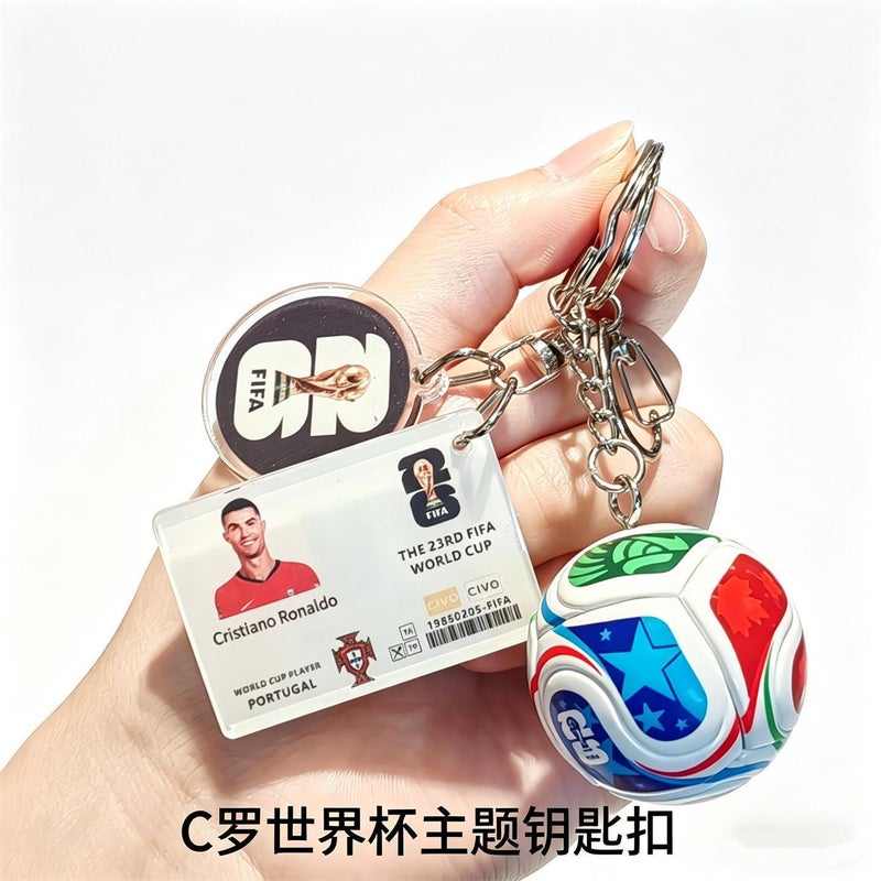 Football keychains featuring Messi, Neymar, Mbappe, and Ronaldo; US, Canada, and Mexico ornaments; 2026 World Cup small gifts.