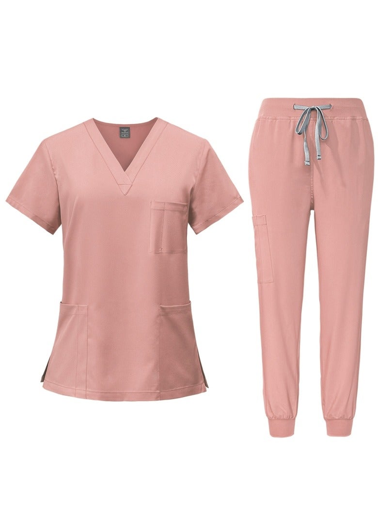 Loquat Medical Uniform Unisex Scrubs Set Medical Scrubs 2 Piece Set Top and Pants Suit Pink