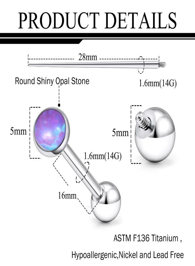 Ruifan ASTM F136 Titanium Tongue Piercing Barbell Jewelry Internally Threaded Tongue Rings Jeweled Purple Opal Solid Titanium Labret Cheek Piercing Jewelry for Women Men 14G 16mm - Image 2