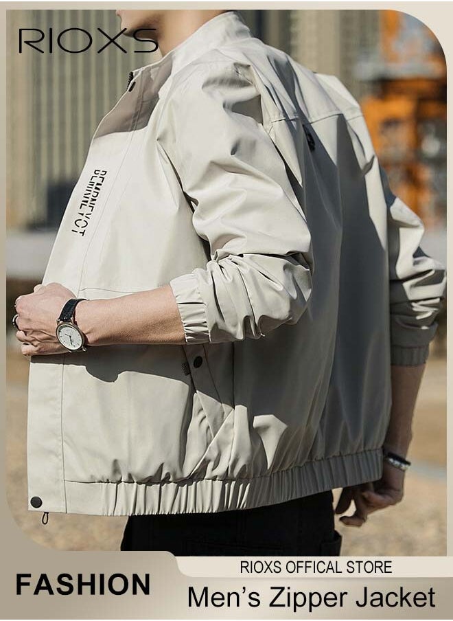RIOXS - Men's Bomber Jacket, Waterproof Windproof Slim Fit Jacket Coat, Crew Lined Lightweight Jacket, Stylish Stand-Up Collar Full Zipper Jacket, Outdoor Windbreaker For Hiking Camping Cycling - Image 1