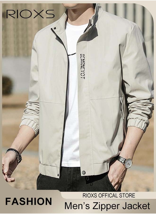 RIOXS - Men's Bomber Jacket, Waterproof Windproof Slim Fit Jacket Coat, Crew Lined Lightweight Jacket, Stylish Stand-Up Collar Full Zipper Jacket, Outdoor Windbreaker For Hiking Camping Cycling - Image 1