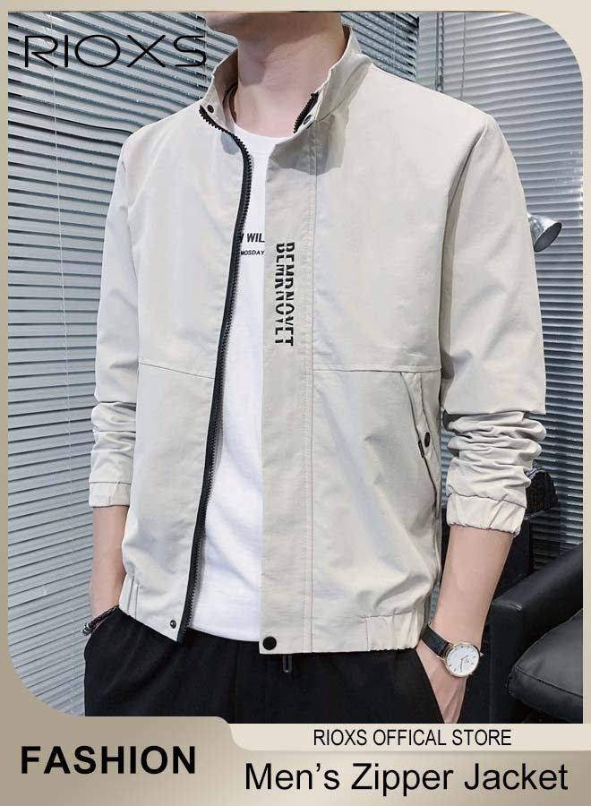 ريوكس سترة بومبر للرجال، سترات واقية من الرياح خفيفة الوزن بسحاب، سترة خارجية مقاومة للرياح ومقاومة للماء بقصّة ضيقة مع جيب، سترة عصرية بياقة قائمة وسحاب كامل، سترات ربيعية وخريفية غير رسمية للملابس الخارجية غير الرسمية والعمل والجري وركوب الدراجات والمشي لمسافات طويلة وصيد الأسماك والمزيد، باللون البيج - Image 2