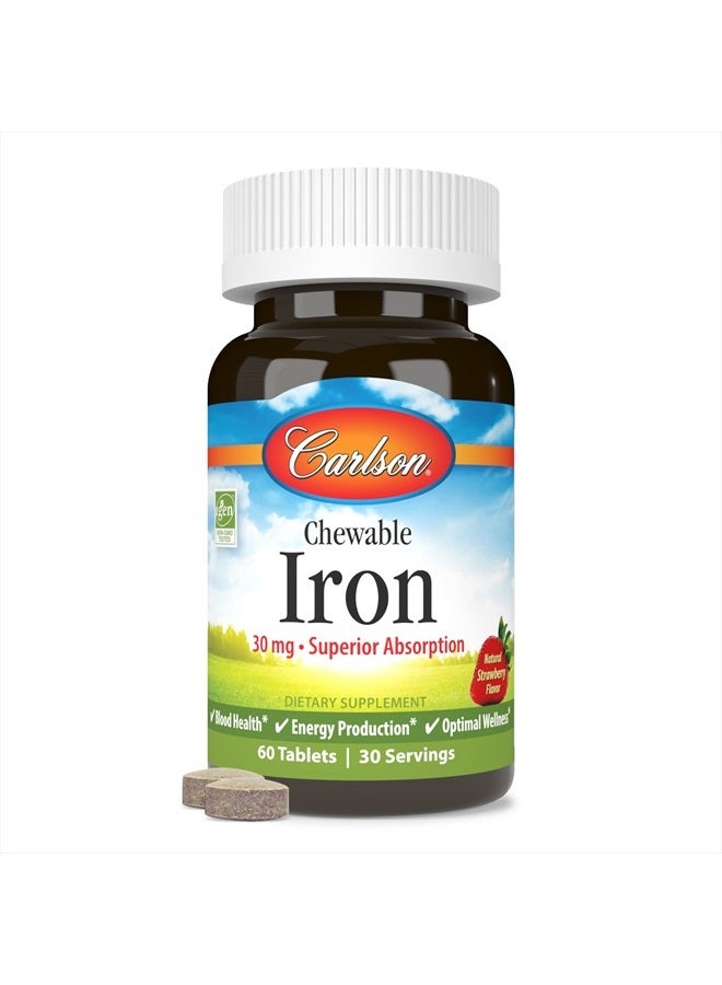 Carlson Chewable Iron, 30 mg, Superior Absorption, Blood Health, Energy Production & Optimal Wellness, Natural Strawberry Flavor, 60 Tablets - Image 5