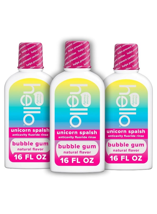 Hello Kids Mouthwash with Unicorn Bubble Gum Flavor Alcohol Free Mouthwash for Kids with Fluoride Safe for Ages 6 and Up Anticavity Vegan No Alcohol No Dyes 16 Oz Bottles Pack of 3