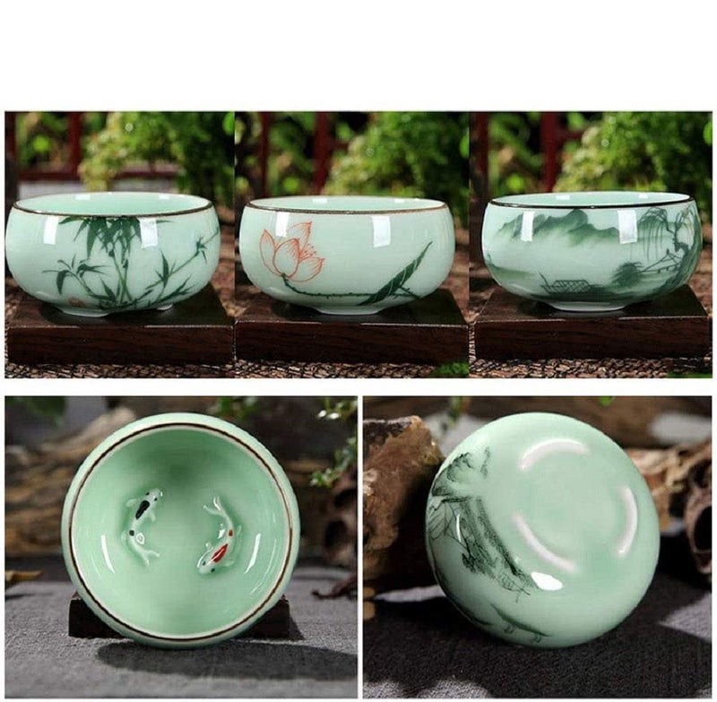 Hotumn Hotumn Celadon Teacup Porcelain Chinese kungfu Teacup Fishes and Lotus Pattern set of 3 Celadon 
