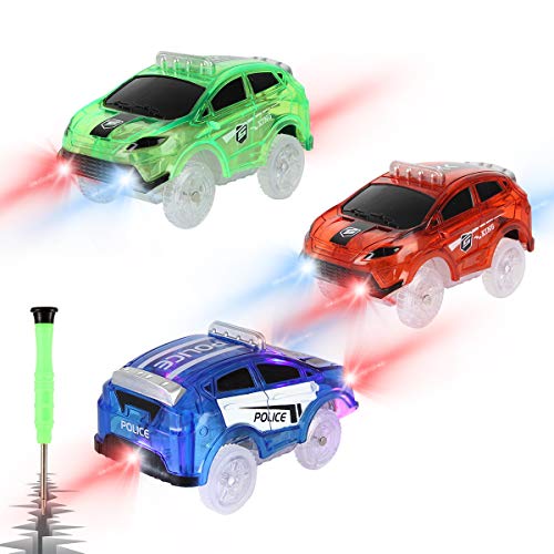 Save Unicorn Tracks Cars Only Replacement, Flex Track Race Cars for Magic Tracks Glow in the Dark, LED Lights Up Battery Operated Snap N Glow Trax Cars Accessories, Compatible with Most Car Tracks for Kids (3pack - Image 1