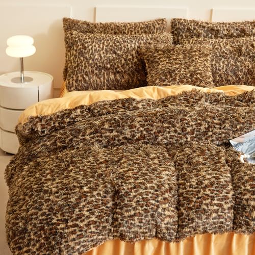HAIHUA Fluffy Cheetah Print Comforter Cover Twin Set, Fuzzy Leopard Twin Bedding Set 2 Pieces (1 Plush Duvet Cover + 1 Furry Plush Pillow Cases) Cheetah Shaggy Bed Set, Zipper Closure - Image 5
