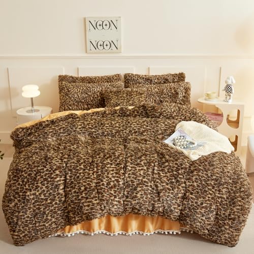HAIHUA Fluffy Cheetah Print Comforter Cover Twin Set, Fuzzy Leopard Twin Bedding Set 2 Pieces (1 Plush Duvet Cover + 1 Furry Plush Pillow Cases) Cheetah Shaggy Bed Set, Zipper Closure - Image 1