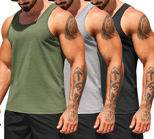 COOFANDY Men's Workout Tank Tops Dry Fit Sleeveless Gym Shirts Muscle Running T Shirts Black/White/Green XL - Image 1