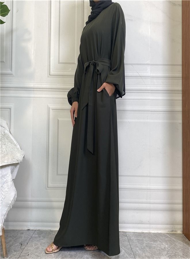 Loquat Casual Elegant Lace-Up Dress Abaya Army Green  - Image 2