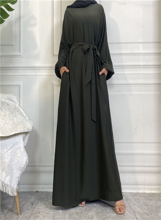Loquat Casual Elegant Lace-Up Dress Abaya Army Green  - Image 1
