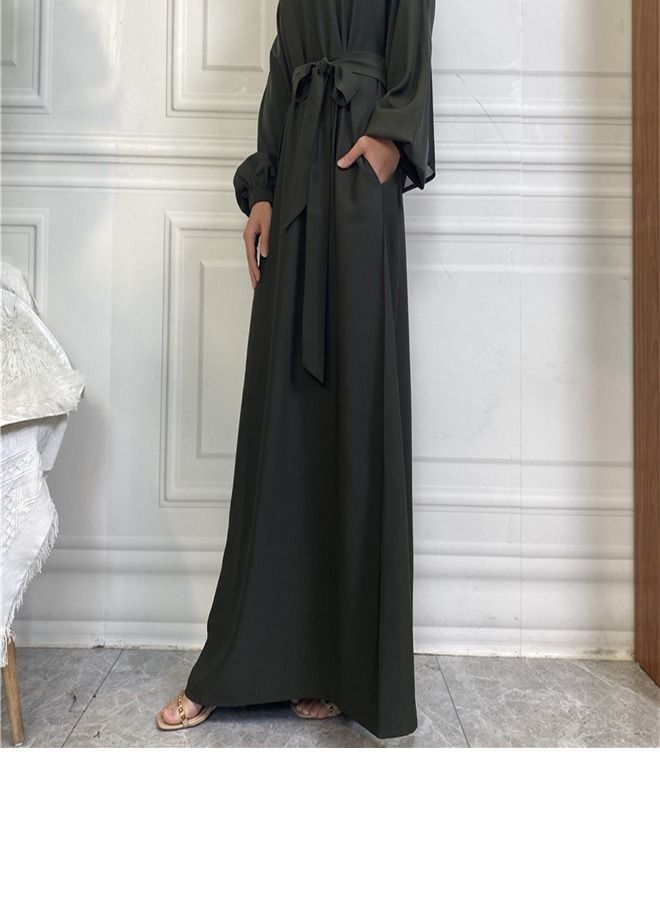 Loquat Casual Elegant Lace-Up Dress Abaya Army Green  - Image 3