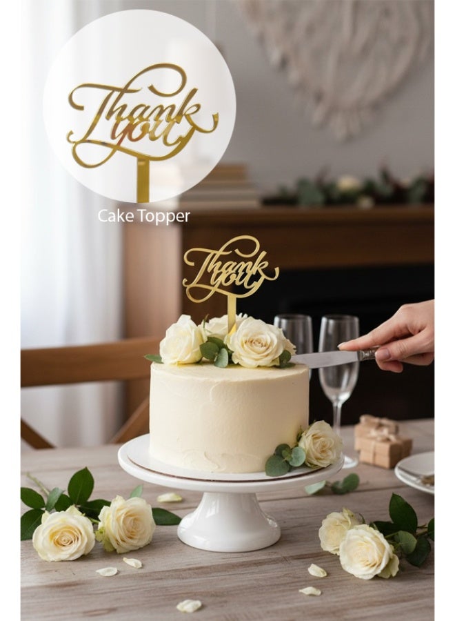 زينة كيك أكريليك – عبارة «Thank You» - لون ذهبي - بتصميم أنيق للمناسبات - Image 1